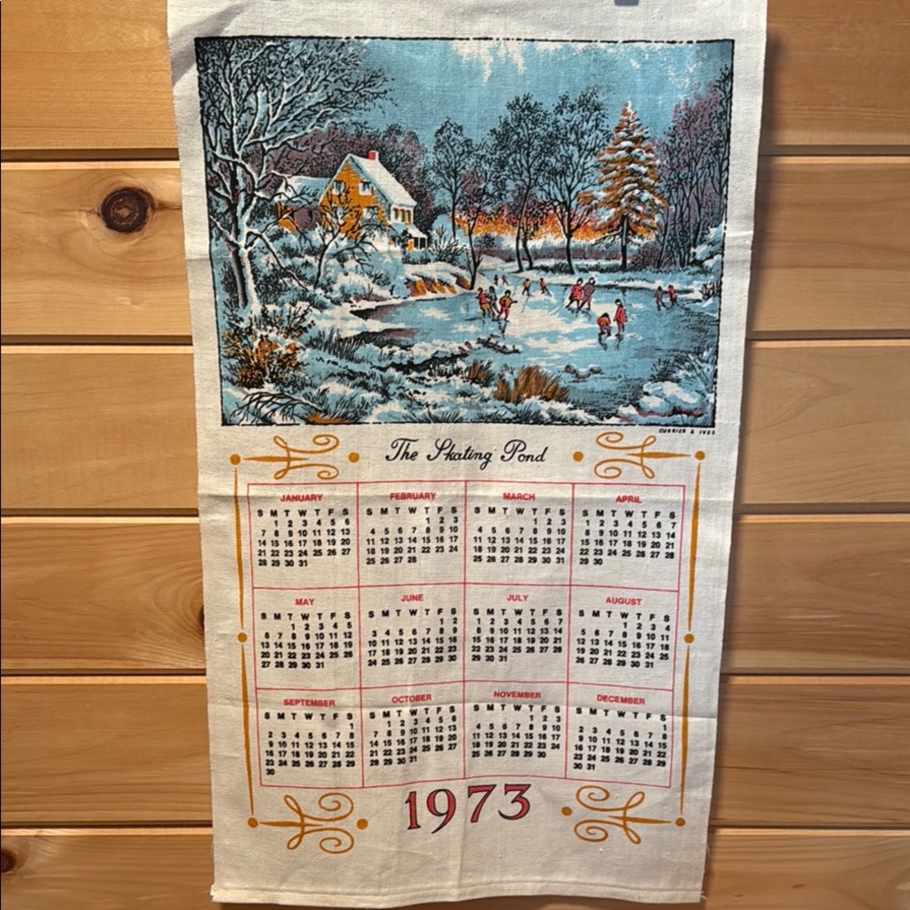Vintage 1973 Currier & Ives Calendar Tea Towel